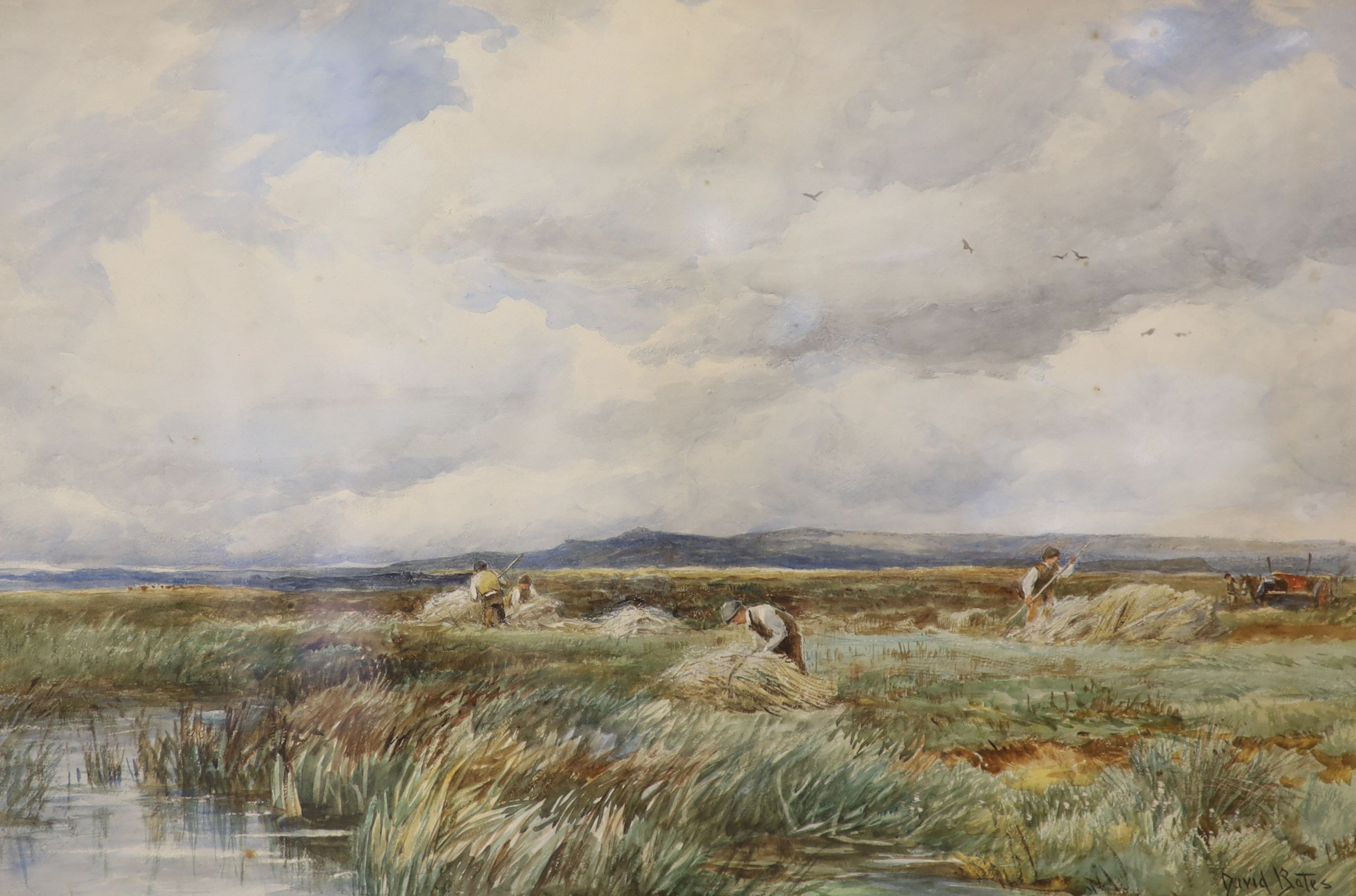 David Bates (1840-1921), watercolour, 'Rush Gathering, Arthog Moor', signed, 36 x 52cm